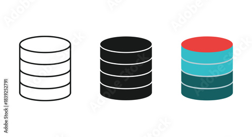 Database stack icon set in three styles outline solid black and layered colorful representation