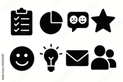 Minimalist black icons set featuring checklist, pie chart, and lightbulb