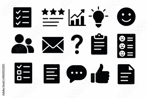 Collection of black business and communication icons in simple silhouette style