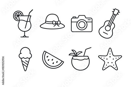 Summer adventure icon set featuring drinks, hat, camera, guitar, ice cream, watermelon, and starfish in clean linear style