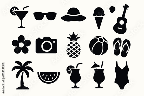 Summer icons set featuring beachwear, tropical drinks, and travel essentials