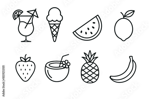Outline icons of summer fruits and drinks for modern design projects