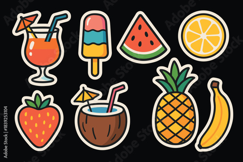 Colorful tropical fruit and drink stickers with summer vibes