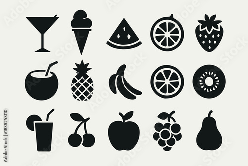 Stylish fruit and drink icon set with smooth silhouette design