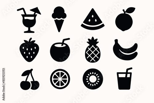 Collection of fruit and drink silhouettes refreshing summer icons