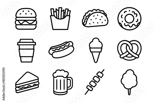 Set of linear fast food icons featuring burger, fries, taco, and more
