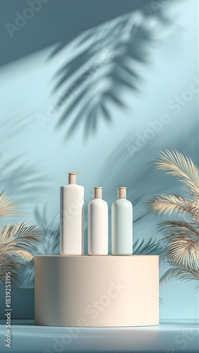 horizontal format, centered composition with hypoallergenic shampoo bottles on a smooth round podium, clean and minimalist design, white or pastel-colored bottles with no labels, background in warm an