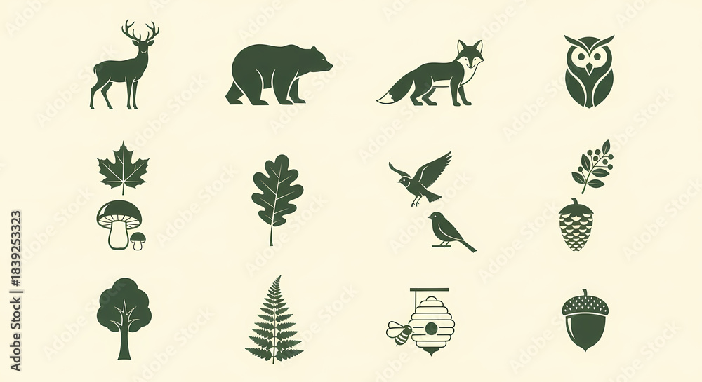 Obraz premium Collection of Forest Wildlife and Plants Silhouettes.