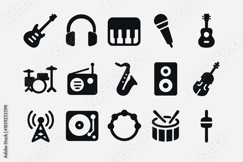 Music icons set instruments and audio tools in bold silhouette style