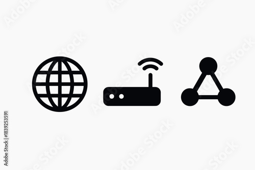 Communication icons globes, routers, networks in minimalist style
