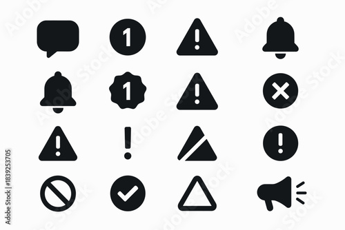 Essential warning and notification icons in black silhouette style for user interface design
