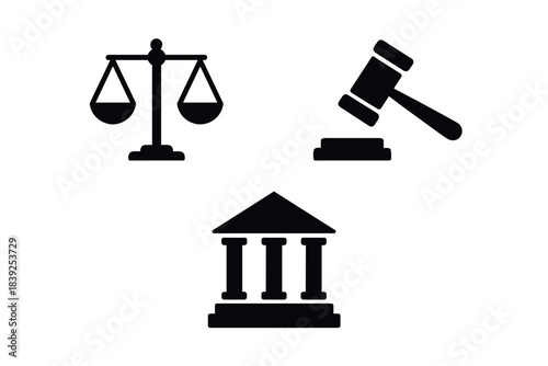 Legal symbols scales, gavel, courthouse in silhouette style for justice concepts