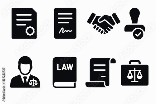 Legal and contract symbols featuring documents, handshake, and law elements in simple black silhouette