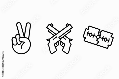 Bold outline icons of peace, conflict, and sharpness