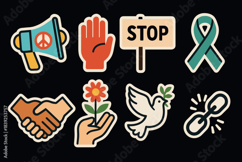 Peace and unity icons vintage style symbols for social awareness