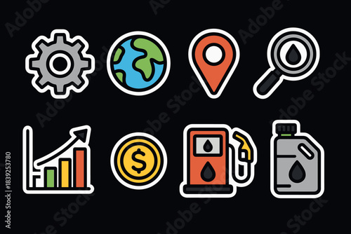 Energy and economy icons set featuring fuel, earth, and graph elements in flat design