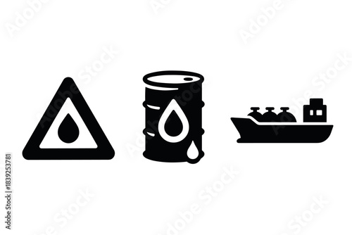 Black and white icons of oil barrel, ship, and caution sign for energy and industry themes