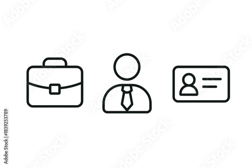 Minimalist business icons collection featuring suitcase, person, and identification card