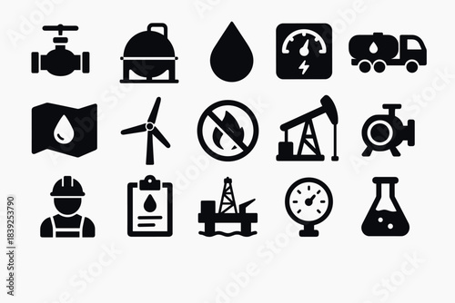 Energy and industrial icons set oil, gas, safety, equipment in black silhouette style