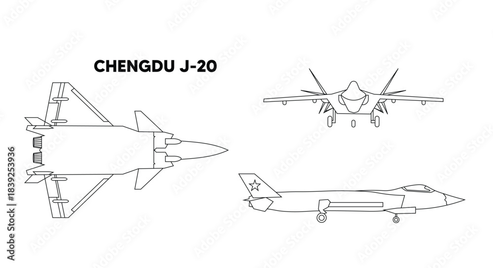 Φωτογραφία Technical blueprint showcasing multiple Chengdu J-20 stealth jet views for desig