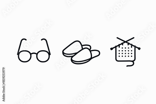 Minimalist set of eyewear, slippers, and knitting icon in black and white