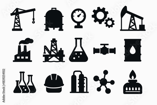 Industrial icons set featuring oil, gas, and chemical equipment in silhouette style