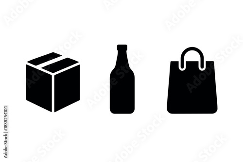 Silhouette icons of beverage bottle, shopping bag, and package box on white