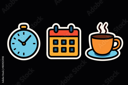 Colorful icons of stopwatch, calendar, and coffee on black background