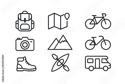 Minimalist adventure icons featuring camping, hiking, and travel elements in line style