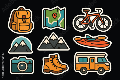 Colorful adventure icons set featuring camping, hiking, and travel elements