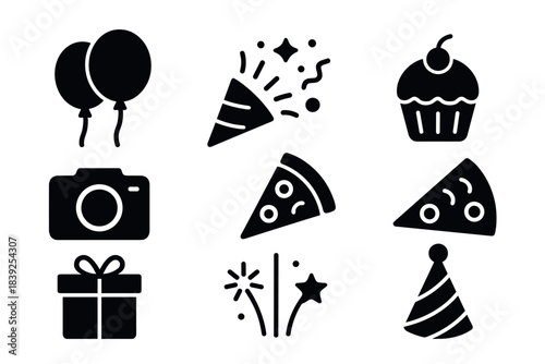 Celebration icons party hat, pizza slices, gift, fireworks, cupcake, balloon