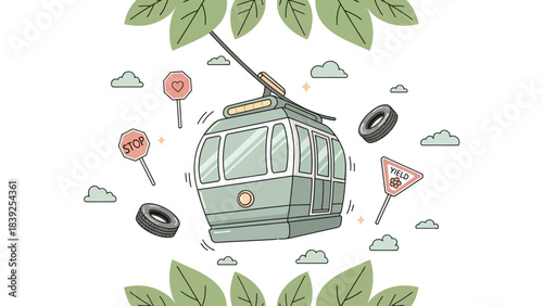 Whimsical illustration of a cable car amidst floating tires and traffic signs