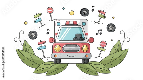 Playful cartoon style ambulance surrounded by traffic signs and nature elements
