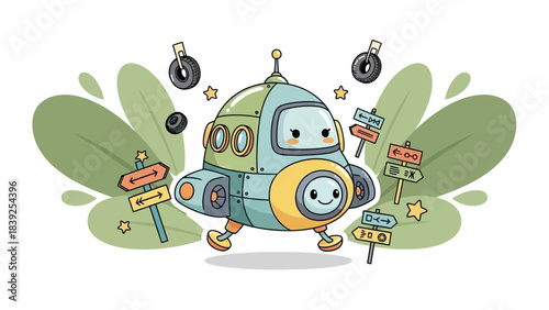 Whimsical cartoon robot with playful design and colorful surroundings ideal