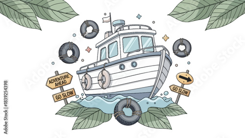 Whimsical illustration of a boat surrounded by leaves life preservers and