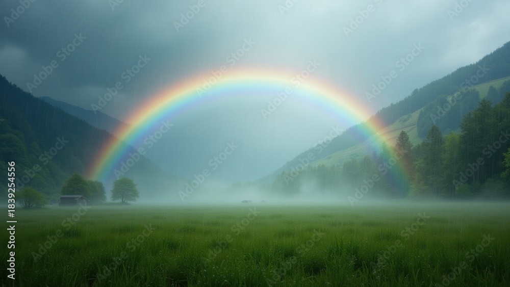 Naklejka premium Rainbow arching brightly over misty road leading to glowing sun on horizon, concept of st patricks day, hope inspiration, travel adventures