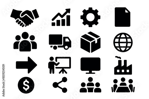 Business icons set growth, teamwork, shipping, technology, and communication