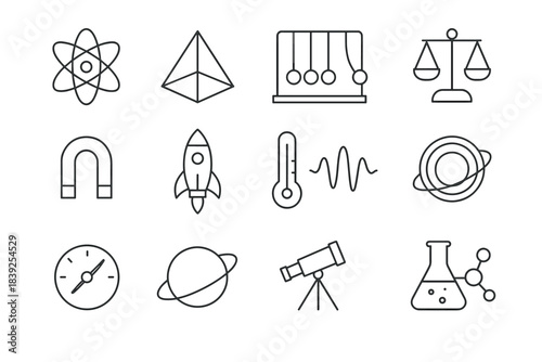 Science and physics icons collection featuring linear designs and simplistic symbols
