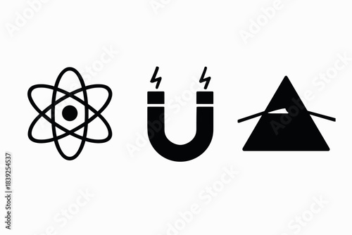 Minimal icons atom, magnet, prism with light refraction