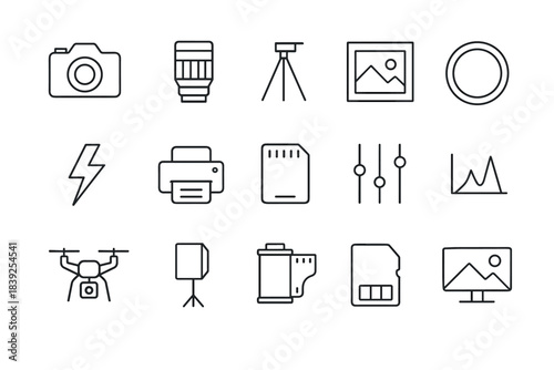 Photography equipment icons camera, lens, tripod, and more in linear style