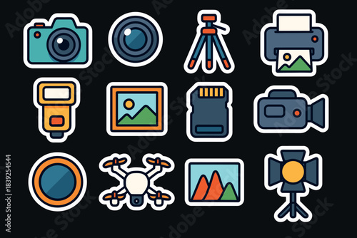 Photography equipment icons set flat design with camera, tripod, and more
