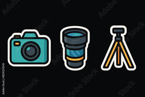 Colorful camera gear icons digital, lens, and tripod on black background