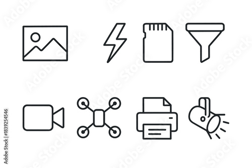 Minimalistic icon set photo, lightning, memory card, filter, video, drone, printer, spotlight