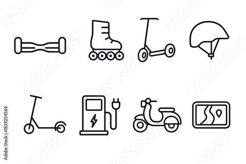 Minimalistic transportation icons scooters, electric vehicles, and safety gear