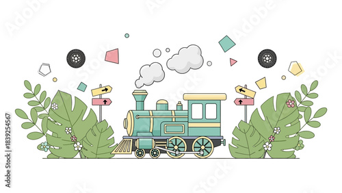 Whimsical Illustration of a Vibrant Vintage Steam Locomotive Amid Nature
