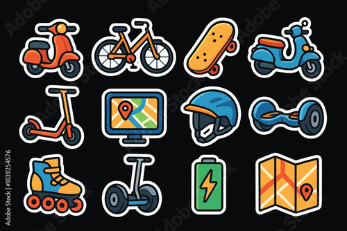 Vibrant sticker icons of modern urban transport and navigation tools