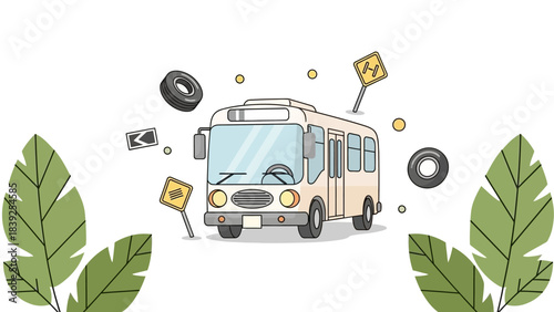 illustration of a city bus surrounded by abstract traffic and directional