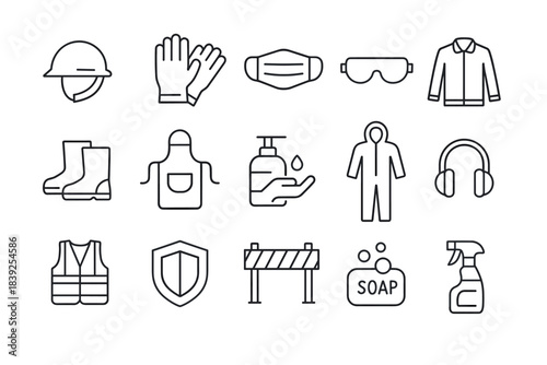 Safety equipment icons linear style protective gear and cleaning essentials