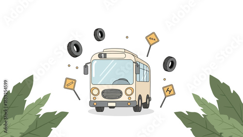 Cartoon Style Food Truck with Wheels and Food Items Flying Around for Creative