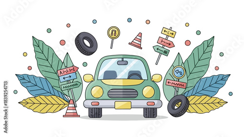 Playful cartoon illustration of a compact car surrounded by colorful leaves